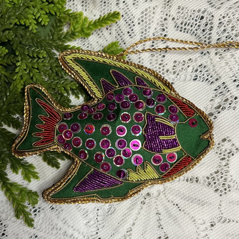 Vintage Sequin Embroidered Tropical Fish Christmas Ornament Green Purple Gold